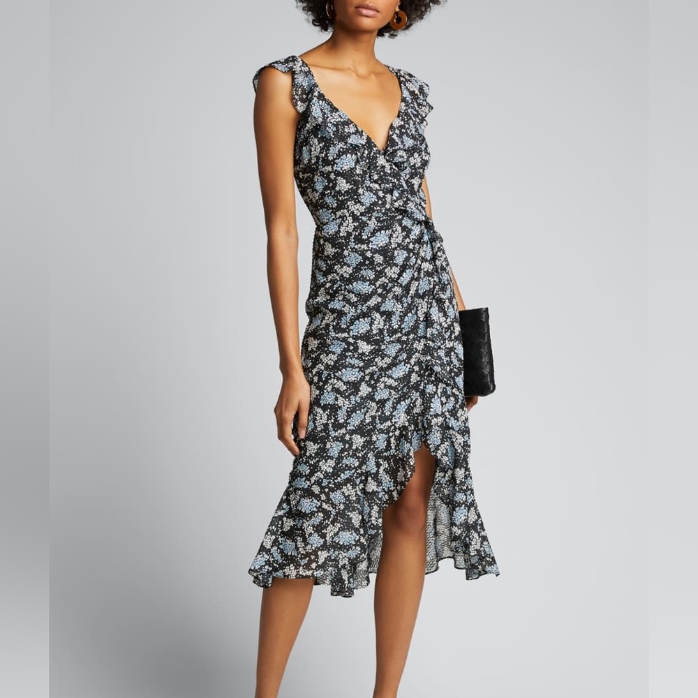 Veronica Beard Floral Amal Dress Silk Navy/Blue asymmetrical midi ruffle career